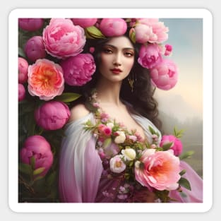 The Goddess of the Spring with Giant Pink Peonies Sticker